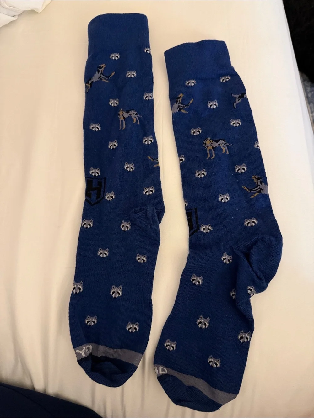 Blue Novelty Crew Dress Socks with Dog and Raccoon Motifs